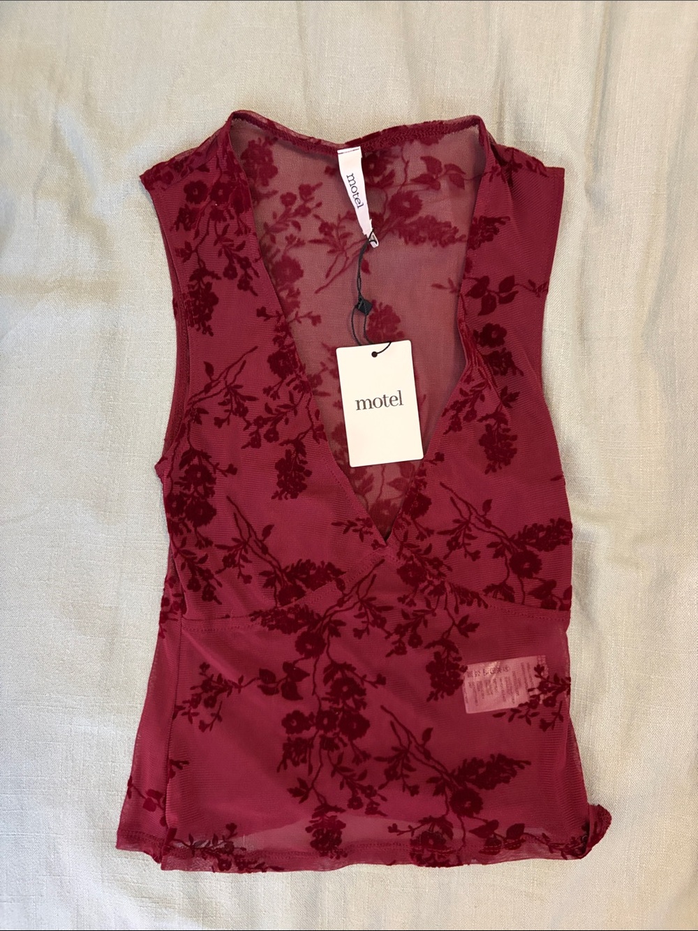 Burgandy Floral Mesh V-Neck Top